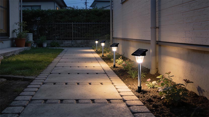 駐車場から自宅までのアプローチやガーデンライトに最適なパスライトタイプのソーラーライト
